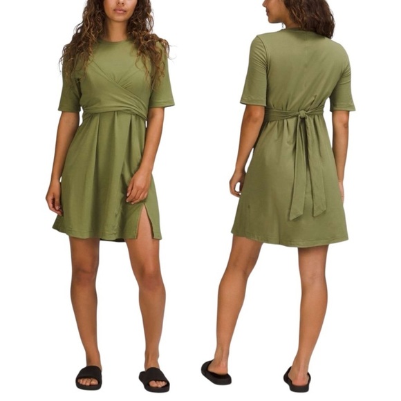 LULULEMON Cotton Wrap-Front T-Shirt Dress in Bronze Green - Picture 1 of 10